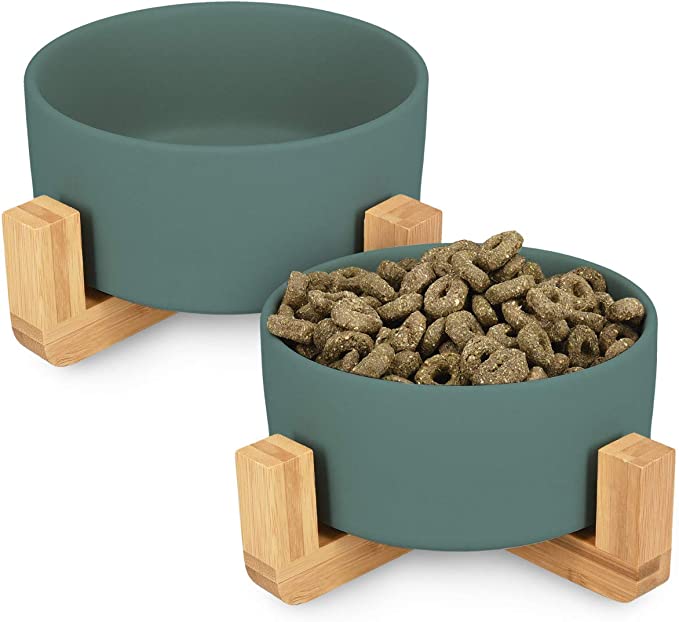 Navaris Ceramic Raised Pet Bowls with Bamboo Stands - Modern Food and Water Bowl Set for Cats and Small Dogs with Anti-Slip Elevated Wooden Stand