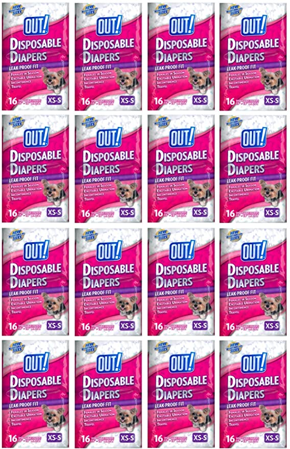 OUT! Disposable Diapers for Dogs, X-Small/Small, 16 Count, 16 Pack
