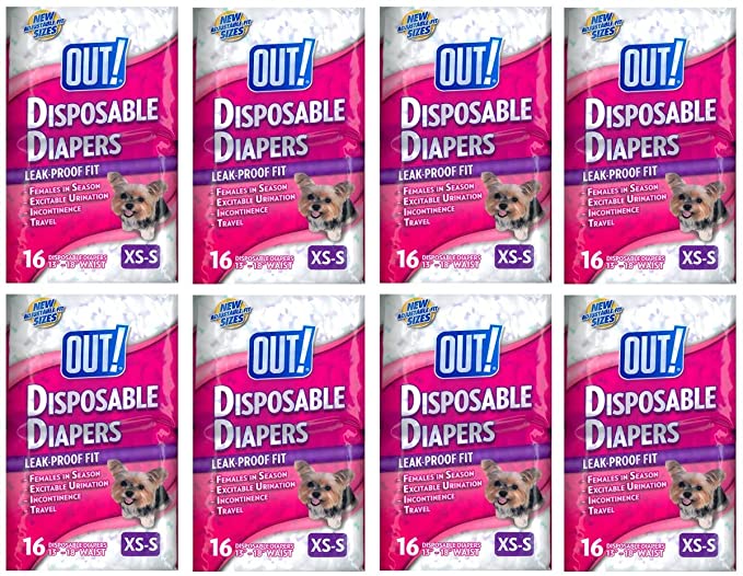 OUT! Disposable Diapers for Dogs, X-Small/Small, 16 Count, 8 Pack