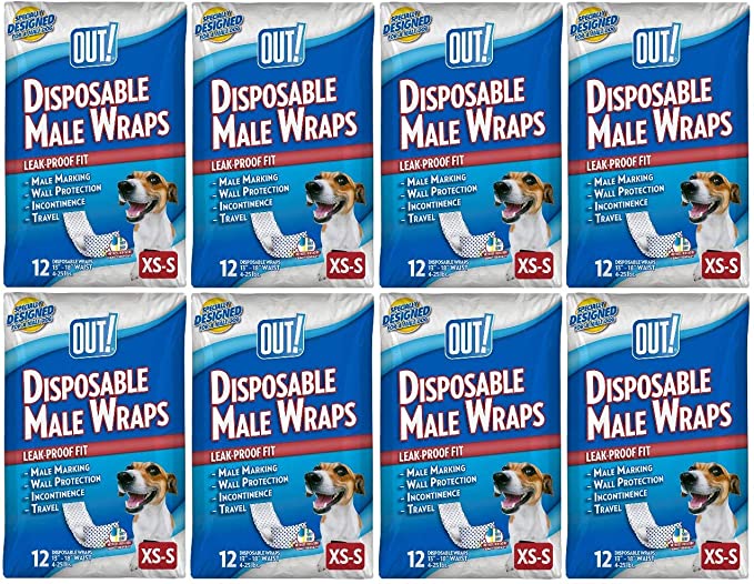 OUT! Disposable Male Dog Diapers | Ultra-Absorbent, Leak-Proof Disposable Wraps | 8 Packs (96 Total Diapers)