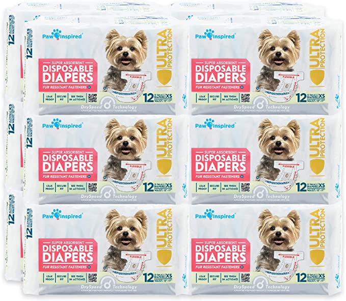 Paw Inspired Disposable Dog Diapers | Female Dog Diapers Ultra Protection | Diapers for Dogs in Heat, Excitable Urination, or Incontinence (144 Count, X-Small)