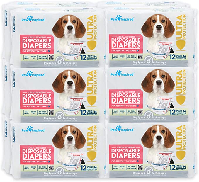 Paw Inspired Disposable Dog Diapers | Female Dog Diapers Ultra Protection | Diapers for Dogs in Heat, Excitable Urination, or Incontinence (144 Count, Medium)
