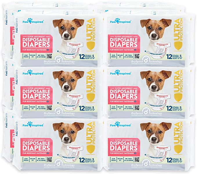 Paw Inspired Disposable Dog Diapers | Female Dog Diapers Ultra Protection | Diapers for Dogs in Heat, Excitable Urination, or Incontinence (144 Count, Small)