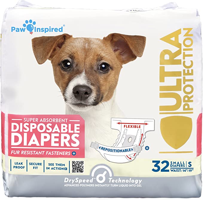 Paw Inspired Disposable Dog Diapers | Female Dog Diapers Ultra Protection | Diapers for Dogs in Heat - Small (32 Count)