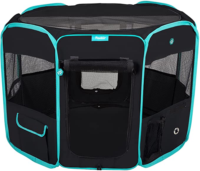 Pawdle Deluxe Premium Foldable Portable Traveling Exercise Pet Playpen Kennel Cats, Dogs, Kittens and All Pets - Travel Carrying Case - In Ground Stakes - Removable Shaded Cover and Bottom