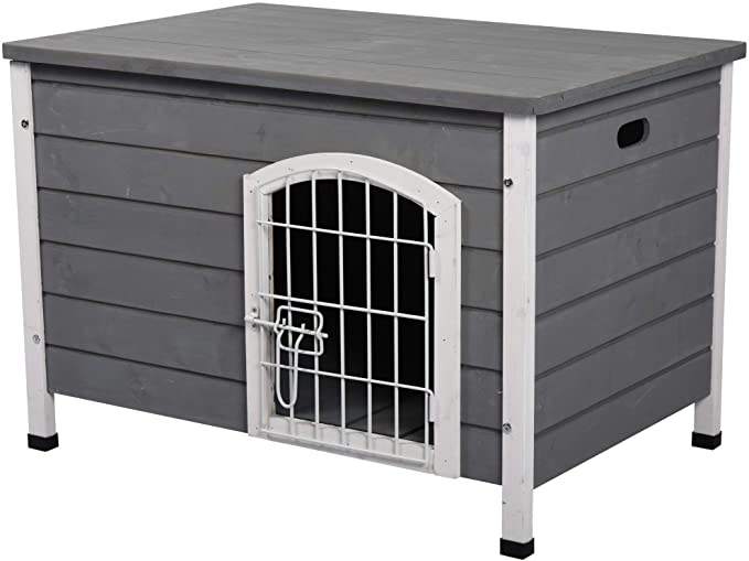 PawHut 31" L Wooden Decorative Dog Cage Kennel Wire Door with Lock Small Animal House with Openable Top Removable Bottom Grey