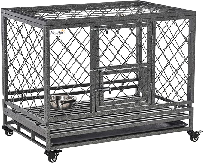 PawHut Heavy Duty Dog Crate Cage Kennel w/Removable Tray Wheels & Lockable Door Indoor & Outdoor