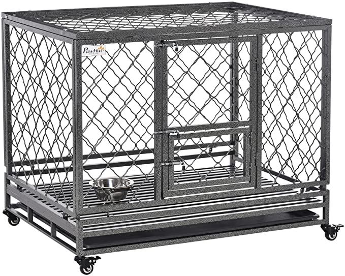 PawHut Heavy Duty Dog Crate Cage Kennel w/Removable Tray Wheels & Lockable Door Indoor & Outdoor