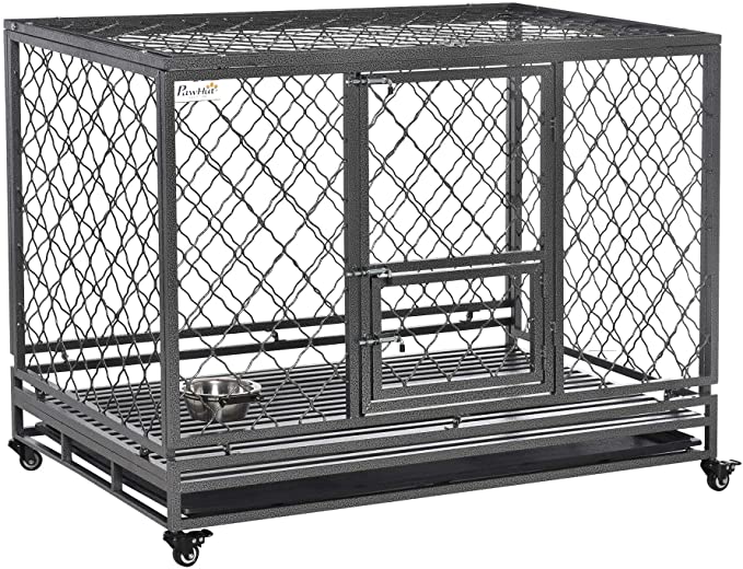 PawHut Heavy Duty Dog Crate Cage Kennel w/Removable Tray Wheels & Lockable Door Indoor & Outdoor - 49.25 x 32.25 x 37.7