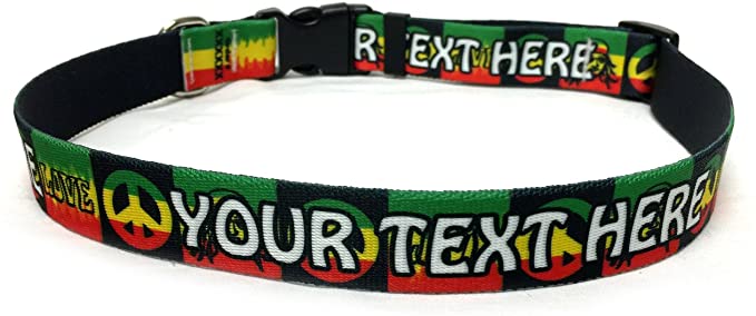 Peace, Love, & Rasta Personalized Dog Collar with Your Text in Four Sizes