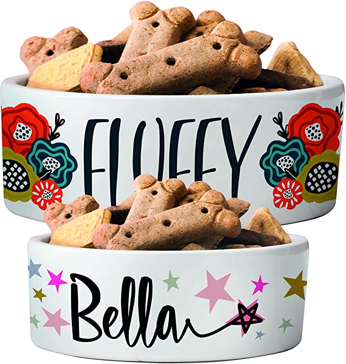 Personalized Ceramic Pet Bowls | Customizable 14 Designs w Your Pet's Name | 6 or 7 inches - Custom Pet Bowls for Dog, Cat, Puppy or Kitten - Dish for Dry, Wet Food or Water - Pet Owner Gifts
