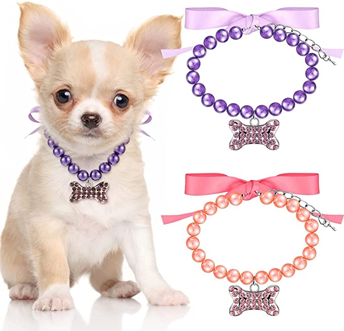 Pet accessories Outfits Accessories For Small Dogs Puppy Cat 8-10 Inch (Purple, Pink) Dog Pearl Necklace Collar Adjustable Fancy Pearls Jewelry With Bling Rhinestones Big Bone Charm Cute Wedding Colla