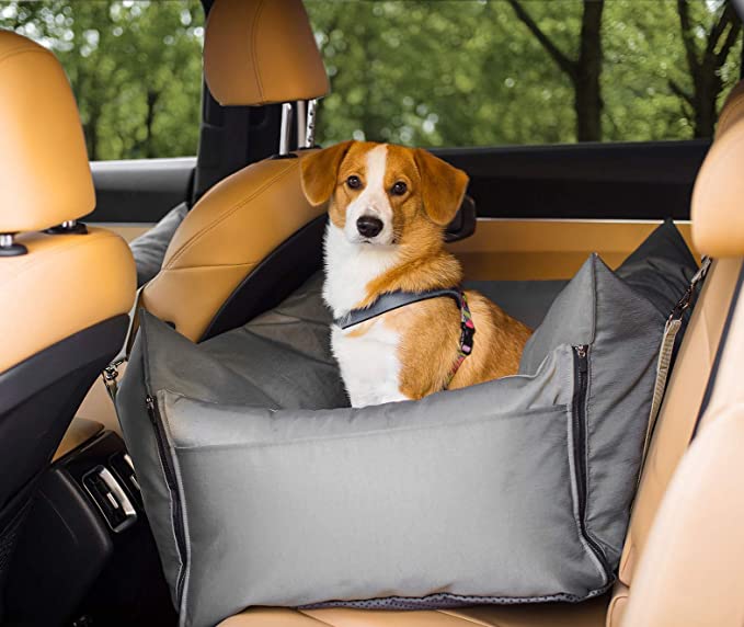 Pet Car Booster Seat for Large Dog and Cat Bumper Cushion Bed with Harness for Long Drive Made of Scratch-Resistant and Water-Resistant Materials (Large