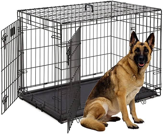 Pet Dog Crate, 36/42/48 Inches Large Dog Cage Metal Double Door Folding Metal Dog Kennel with Divider Panel, Leak-Proof Plastic Pan, Indoor Outdoor Pet Crates for Small Medium Large Animals