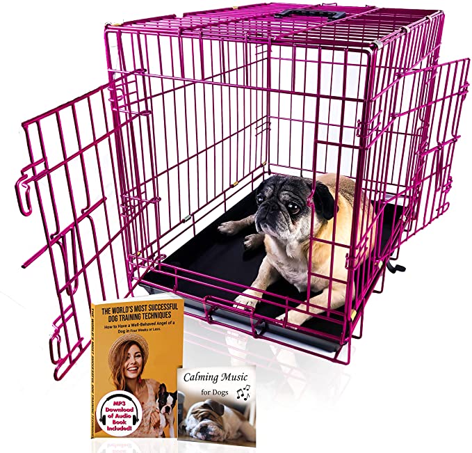 PET Expressions Luxury Colorful 24 Inch Foldable Dog Crate with 2 Doors - HOT PINK MAGENTA