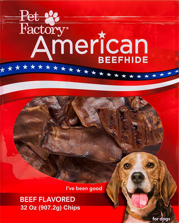 Pet Factory American Beefhide Chews Rawhide Flavor Chips for Dogs. American Beefhide is a Great Natural Source for Protein, Assists in Dental Health. Jumbo Value Pack 2 Pounds of Chips