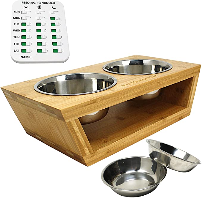Pet Fit For Life Premium Elevated/Raised Bamboo Dog and Cat Pet Feeder Bowl with 4 Stainless Steel Bowls and Bonus Pet Feeding Reminder