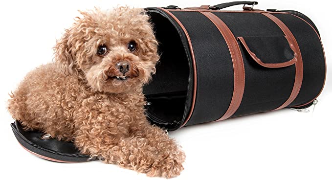 PET LIFE 'Bark Avenue' Cylindrical Airline Approved Fashion Designer Posh Pet Dog Carrier, Medium, Black and Brown