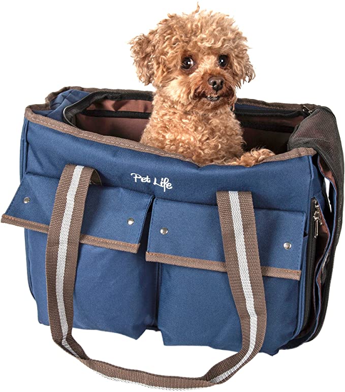 PET LIFE Mult-Pocketed Canvas Fashion Designer Travel Pet Dog Carrier, Medium, Khaki Blue