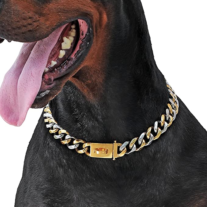 Pet State 19mm Gold Dog Collar, Cuban Link Collar with Secure Snap Buckle
