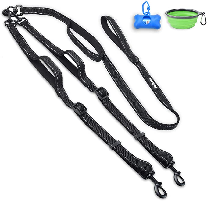 PetBonus Double Dog Leash, No Tangle Dual Dog Leash, Reflective Walking Training Leash, 4 Comfortable Padded Handles for 2 Dogs with Collapsible Bowl and Waste Bags Dispenser