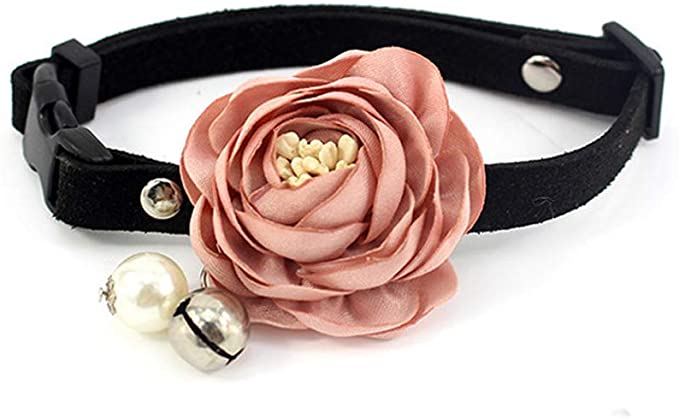 PETFAVORITES Peony Flower Cat Dog Collar Bow Tie - Suede Puppy Necklace with Bell Pearl