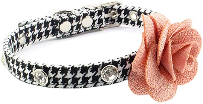PETFAVORITES Rhinestone Dog Collar, Designer Crystal Dog Jewelry with Rose Flower Charm, Cute Houndstooth Cloth Cat Collar for Small Dogs Girl, Teacup Yorkie Chihuahua Clothes Costume Accessories