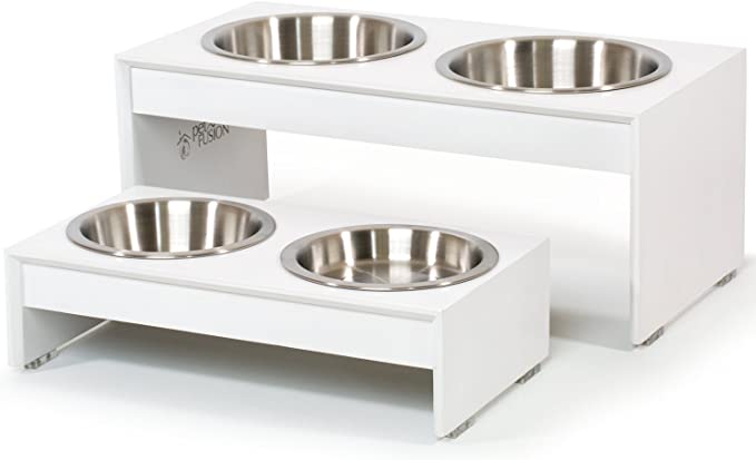 PetFusion Bamboo Elevated Dog Bowls, Cat Bowls | Raised Feeders w/ Water Resistant Seal (Short 4", Tall 8”) | US Food Grade Stainless Steel Dog & Cat Bowls. 12 Month Warr.