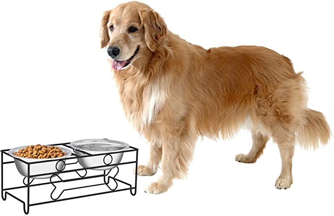 PETMAKER Stainless Steel Raised Food and Water Bowls with Decorative Stand Collection, Elevated Feeding Station for Dogs, Cats, and Pets - 2 Pack