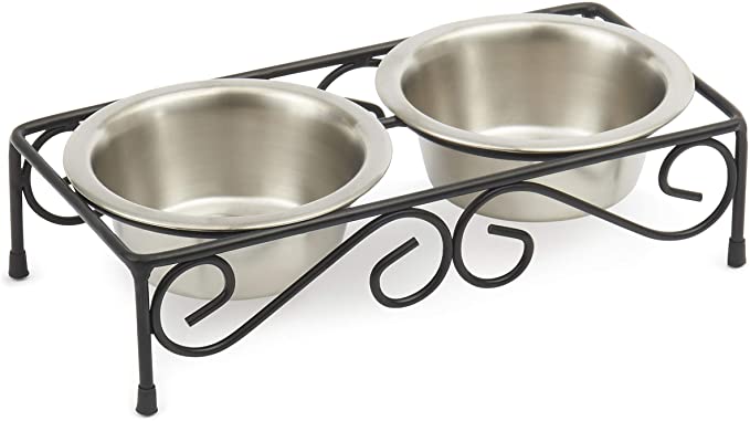 PetRageous 11137SS Scroll Stainless Steel Non Slip Dog Diner, Black, 1-Cup Liquid Capacity, Dishwasher Safe Stainless Steel Bowls, 2.75-Inch Tall Feeder, for Small and Medium Dogs and Cats