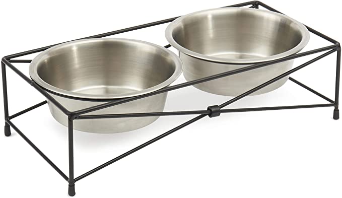 PetRageous 11425SS Farm Fence Non Slip Dog Diner, Metallic, 6.5-Cup Capacity, Two Dishwasher Safe Stainless Steel Bowls, 5.30-Inch Tall Feeder, for Large and Extra Large Dogs and Cats, Black