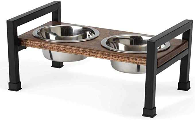 PetRageous 15012 Martinique Wood Non-Slip Table and Steel Frame Dog Diner 1-Pint Capacity per Two Removable Stainless-Steel Bowls 3.875-Inch Elevated Pet Feeding Tray for Small and Medium Dogs, Brown