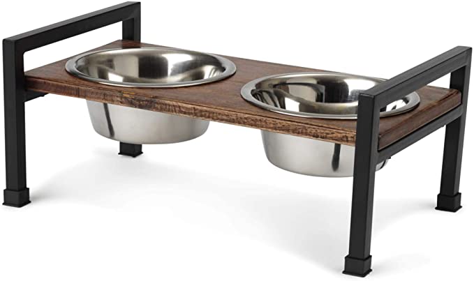 PetRageous 15013 Martinique Wood Non-Slip Table and Steel Frame Dog Diner 1-Quart Capacity per Two Removable Stainless-Steel Bowls 4.5-Inch Tall Elevated Pet Feeding Tray for Large Dogs, Brown