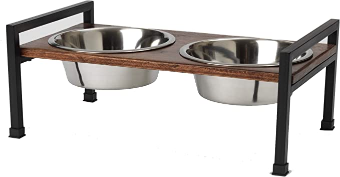 PetRageous 15014 Martinique Wood Non-Slip Table and Steel Frame Dog Diner 2-Quart Capacity per Two Removable Stainless-Steel Bowls 5.25-in Tall Elevated Pet Feeding Tray for Large Dogs, Brown