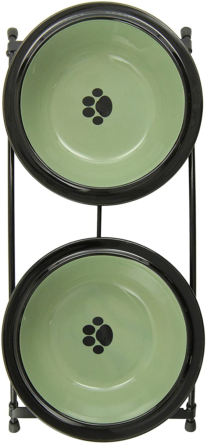 PetRageous 44338 Buddys Best Steel Frame Non-Skid Raised Dog Feeder 13-Inch by 5.75-Inch by 3-Inch Tall Pet Feeding Tray with 2 Dishwasher Safe Stoneware 6-Inch 2-Cup Capacity Bowls, Green