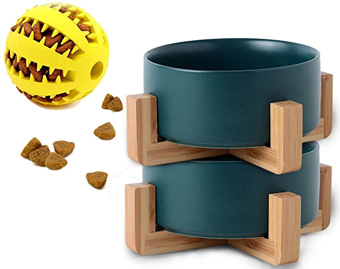 Petygooing Ceramic Dog Cat Bowl Dishes with Wood Stand for Food and Water ,No Spill Pet Food Water Feeder for Cats Dogs Set of 2-