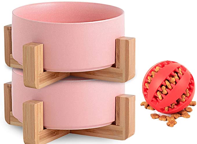 Petygooing Ceramic Dog Cat Bowl Dishes with Wood Stand for Food and Water ,No Spill Pet Food Water Feeder for Cats Dogs Set of 2- - Pink