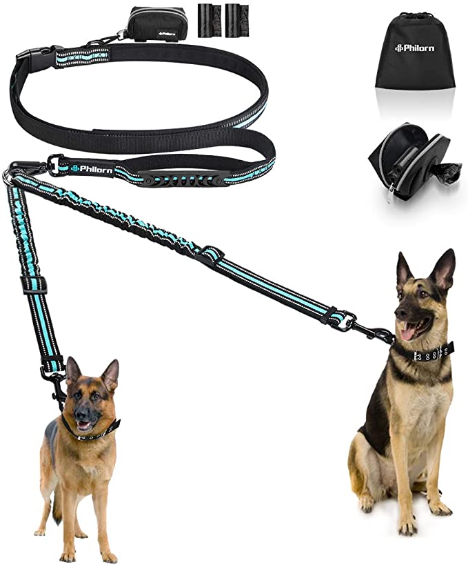 PHILORN Hands-Free Double Dog Leash 110lbs Comfortable Shock Absorbing Reflective Bungee for 2 Dogs Walking Training 66-84 inch Adjustable No Tangle Dual Dog Leash with Pouch 2 Handles
