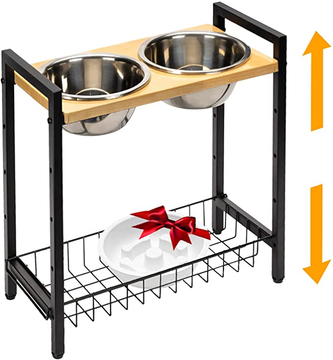 Pinzoveco Elevated Dog Bowls for Large Dogs with Slow Feeder Bowl, 4 Heights Adjustable Raised Dog Bowl Stand with Stainless Steel Dog Food Bowls & Water Bowl for Large Medium Small Dog