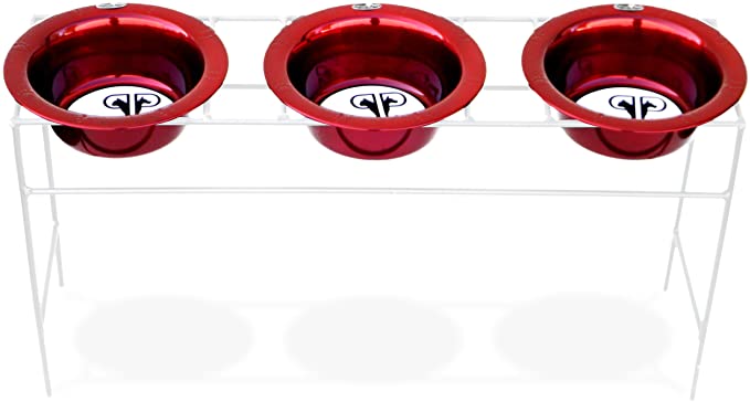 Platinum Pets White Triple Modern Diner Stand with 2 Cup Stainless Steel Dog Bowls in Candy Apple Red