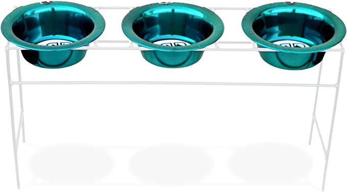 Platinum Pets White Triple Modern Diner Stand with 2 Cup Stainless Steel Dog Bowls in Caribbean Teal