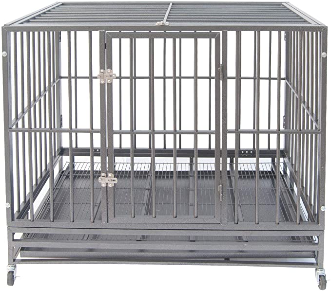Polar Aurora Pet Dog Cage Heavy Duty Strong Metal Crate Kennel Playpen w/Lockable 4 Wheels&Tray - Grey