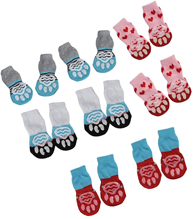 POPETPOP 8 Pair Anti-Slip Dog Socks Knit Dog Cat Paw Protectors Non Skid Knit Dogs Boot for Pet Dog Cat Indoor Wear