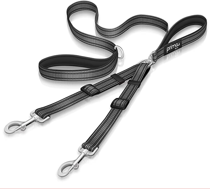 Prima Pets Premium Reflective Double Dog Leash - Adjustable Coupler - 2 Padded Handles- Great for Walking 2 Dogs/Dual Dogs - Tangle Free