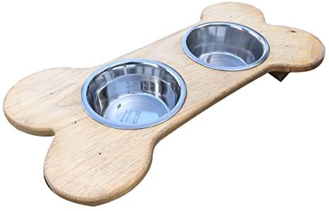 Primitive Bone Shaped Solid Oak Wood Dog Bowl Stand for Medium Small Dogs Rustic Natural Made in The USA!!! Wooden Feeder Dish Holder