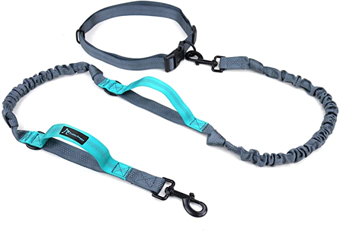 PuppyDoggy Hands Free Dog Leash for Large Medium Dogs 2 Handle Bungee Reflective Stitching Leash with Waist Belt for Dog Collar Poop Bag Holder Running Walking Hiking