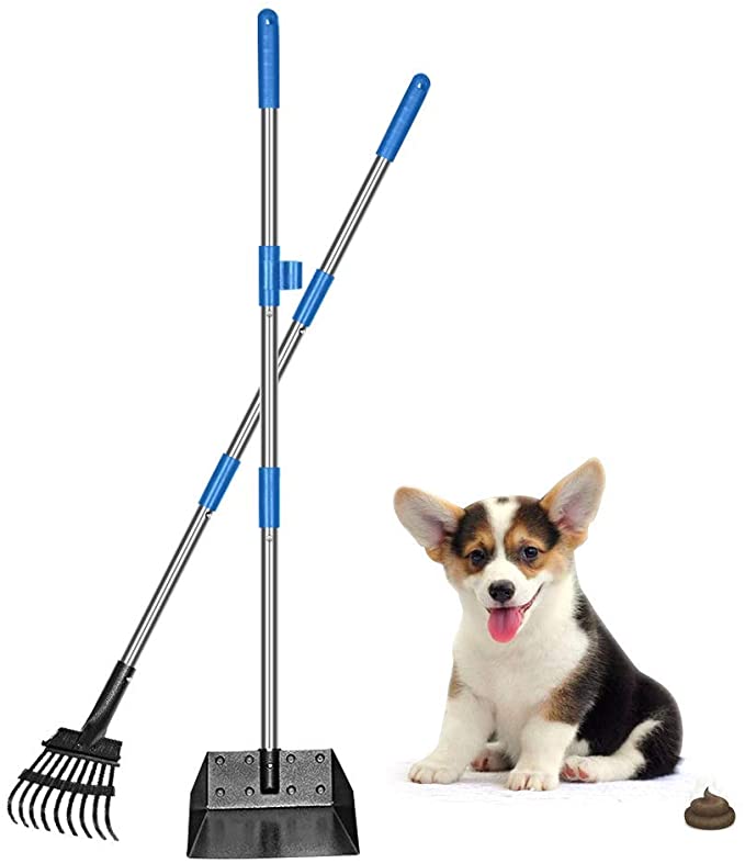 QiMH Upgraded Dog Pooper Scooper, Long Handle Stainless Metal Pet Poop Tray and Rake Set for Large Medium Small Dogs