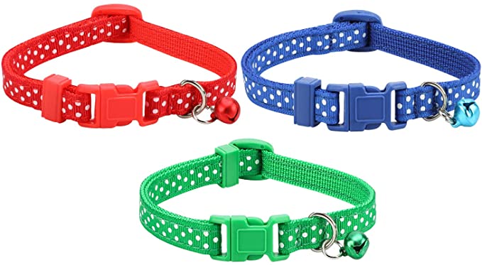 QKURT 3 Pack Christmas Pet Collar, Adjustable Xmas Dog Collar with Jingle Bell, Wave Point Pattern Neck Ring | Cute Fashion Nylon Collar for Small Pet Dog Cat