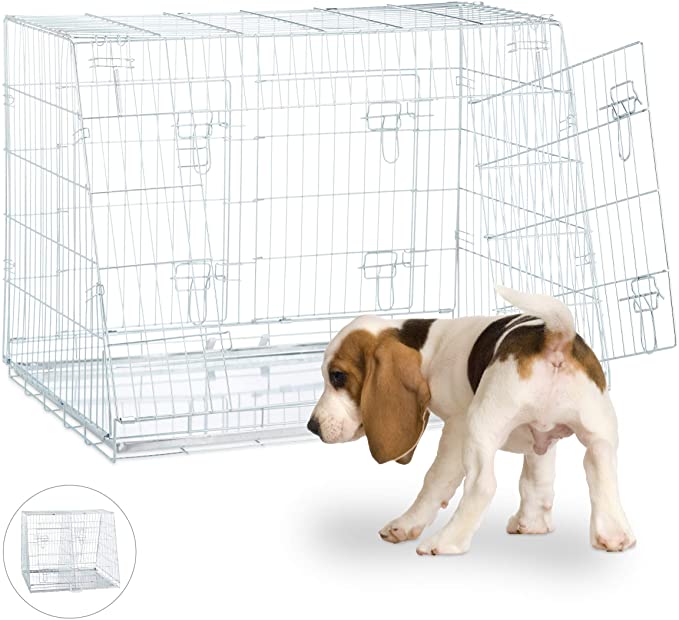 Relaxdays Dog Transport Box, Folding Dog Cage, Double with Divider, Mesh Box, 3 Doors, Dog Crate, Car