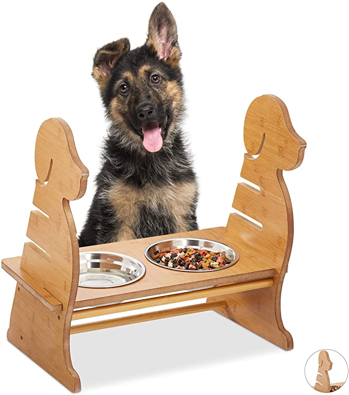 Relaxdays Feeding Station, 2 Stainless Steel Bowls, Dog Design, Height-Adjustable, Bamboo Stand, Raised, Natural